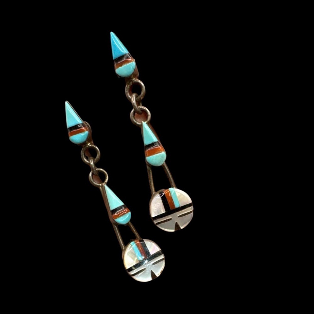 Vintage Sterling Silver Native American Zuni Pierced Earrings 1.75” - Picture 5 of 6